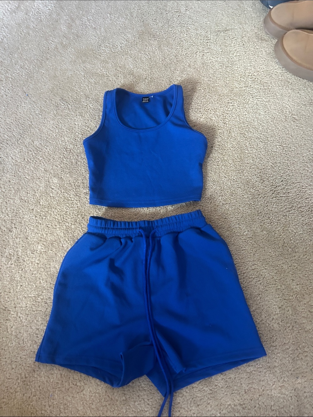 SHEIN Royal Blue Ribbed Tank Crop Top & Drawstring Shorts Set